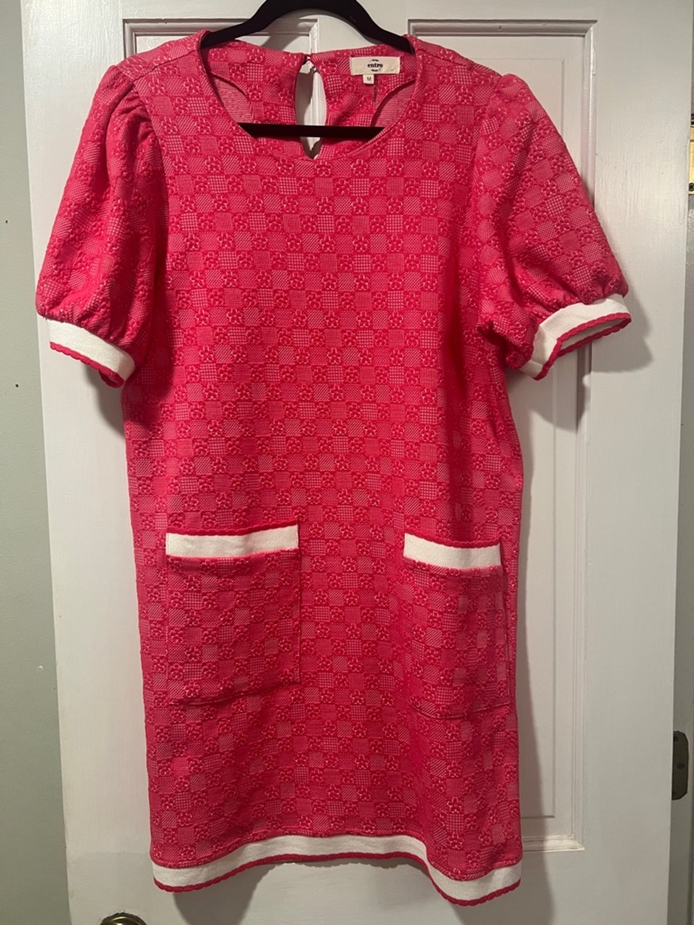 entro Pink Textured Short Sleeve Shift Dress with White Trim